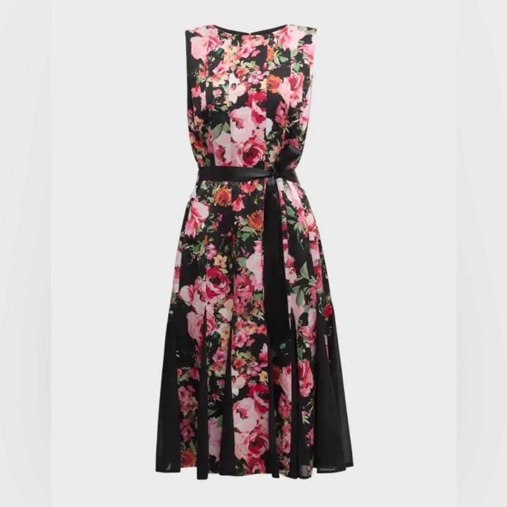 Rickie Freeman Teri Jon Sleeveless Floral-Print Godet Midi Dress